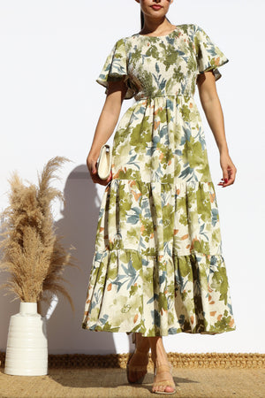 DD7922, SMOCKED TOP WOVEN TIERED MIDI DRESS