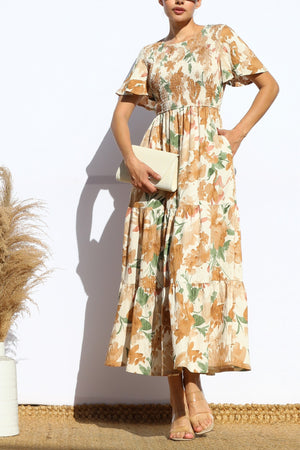 DD7922, SMOCKED TOP WOVEN TIERED MIDI DRESS
