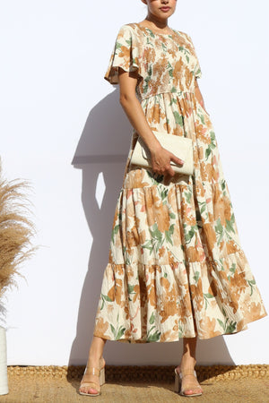 DD7922, SMOCKED TOP WOVEN TIERED MIDI DRESS