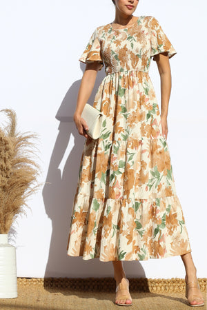 DD7922, SMOCKED TOP WOVEN TIERED MIDI DRESS