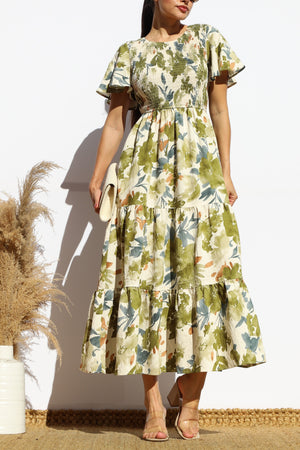 DD7922, SMOCKED TOP WOVEN TIERED MIDI DRESS