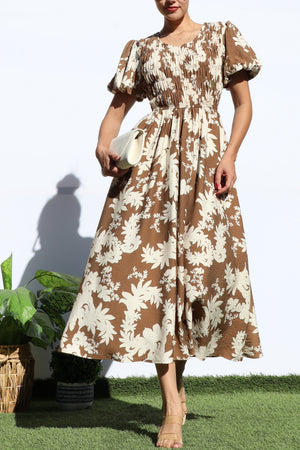 DD7937, SMOCKED TOP WOVEN MIDI DRESS