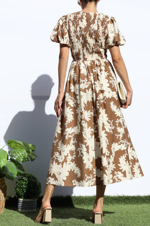 DD7937, SMOCKED TOP WOVEN MIDI DRESS
