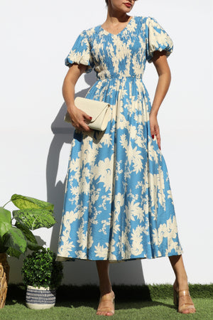 DD7937, SMOCKED TOP WOVEN MIDI DRESS
