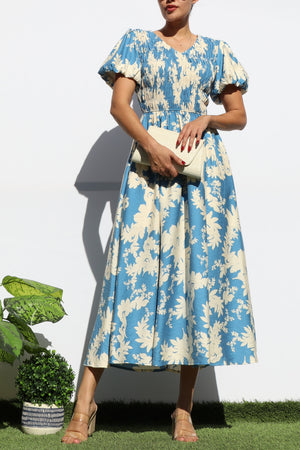 DD7937, SMOCKED TOP WOVEN MIDI DRESS
