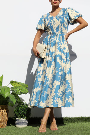 DD7937, SMOCKED TOP WOVEN MIDI DRESS