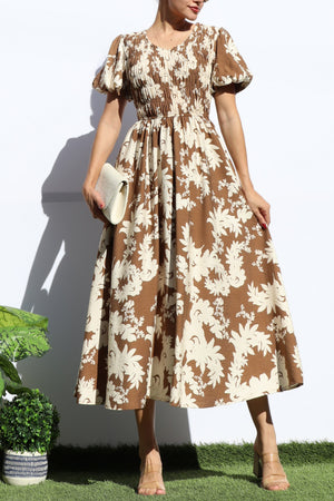 DD7937, SMOCKED TOP WOVEN MIDI DRESS