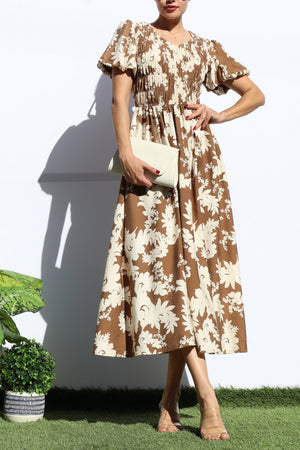 DD7937, SMOCKED TOP WOVEN MIDI DRESS