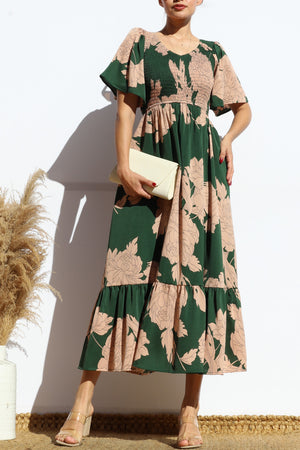 DD7968, FLORAL SMOCKED TOP RUFFLED MIDI DRESS