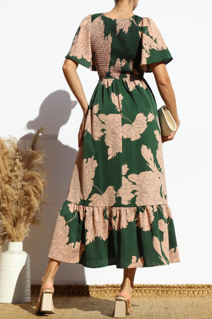 DD7968, FLORAL SMOCKED TOP RUFFLED MIDI DRESS