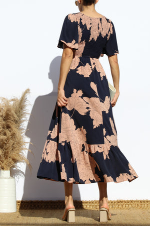DD7968, FLORAL SMOCKED TOP RUFFLED MIDI DRESS