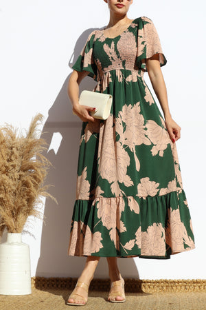 DD7968, FLORAL SMOCKED TOP RUFFLED MIDI DRESS