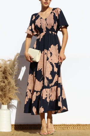 DD7968, FLORAL SMOCKED TOP RUFFLED MIDI DRESS