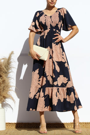 DD7968, FLORAL SMOCKED TOP RUFFLED MIDI DRESS