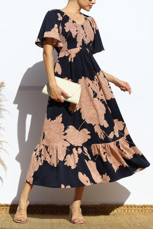 DD7968, FLORAL SMOCKED TOP RUFFLED MIDI DRESS