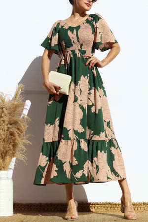 DD7968, FLORAL SMOCKED TOP RUFFLED MIDI DRESS