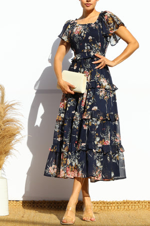 DD7855, FLORAL SMOCKED TOP TIERED MIDI DRESS