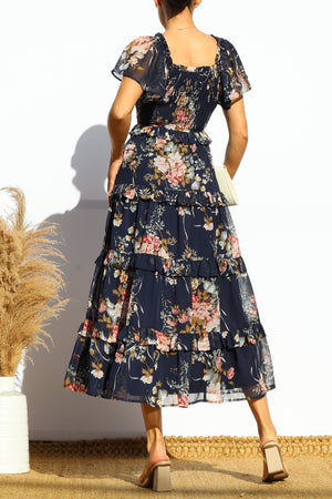 DD7855, FLORAL SMOCKED TOP TIERED MIDI DRESS
