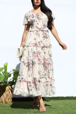 DD7855, FLORAL SMOCKED TOP TIERED MIDI DRESS