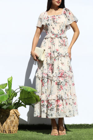 DD7855, FLORAL SMOCKED TOP TIERED MIDI DRESS