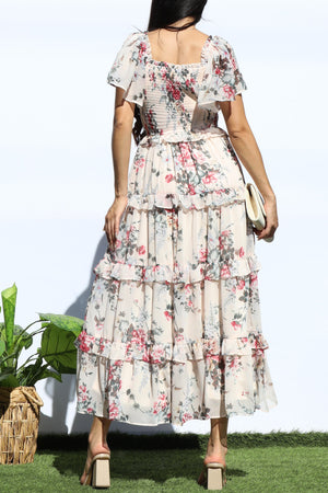 DD7855, FLORAL SMOCKED TOP TIERED MIDI DRESS
