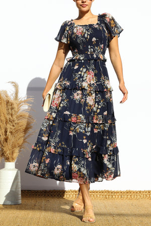 DD7855, FLORAL SMOCKED TOP TIERED MIDI DRESS