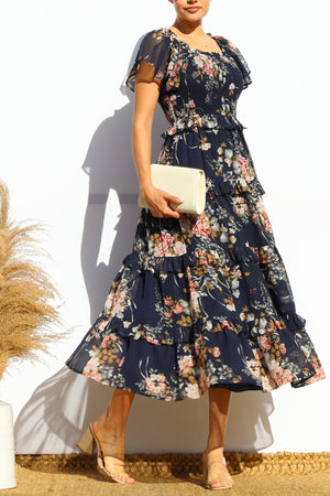 DD7855, FLORAL SMOCKED TOP TIERED MIDI DRESS