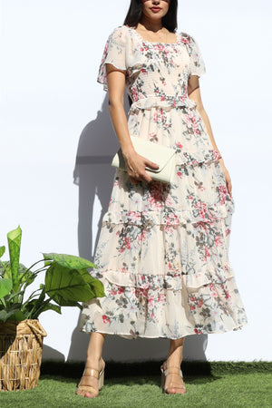 DD7855, FLORAL SMOCKED TOP TIERED MIDI DRESS
