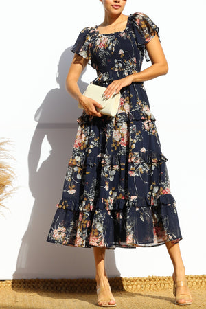 DD7855, FLORAL SMOCKED TOP TIERED MIDI DRESS