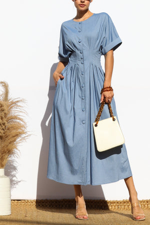 DD7982, LOOSE FIT DENIM SHIRT MIDI DRESS