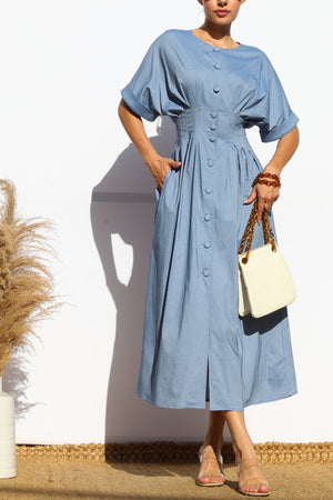 DD7982, LOOSE FIT DENIM SHIRT MIDI DRESS