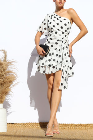 DD7976, POLKA DOT ONE SHOULDER RUFFLED MINI DRESS