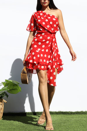 DD7976, POLKA DOT ONE SHOULDER RUFFLED MINI DRESS