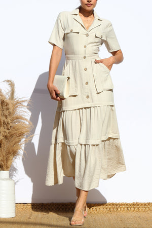 DD8014, POCKET BUTTON DOWN LINEN MIDI DRESS