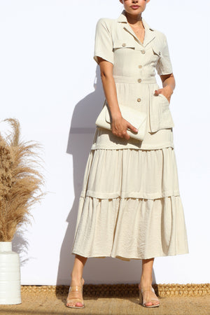 DD8014, POCKET BUTTON DOWN LINEN MIDI DRESS