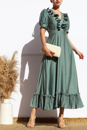 DD8010, RUFFLED V NECK FLARED MIDI DRESS