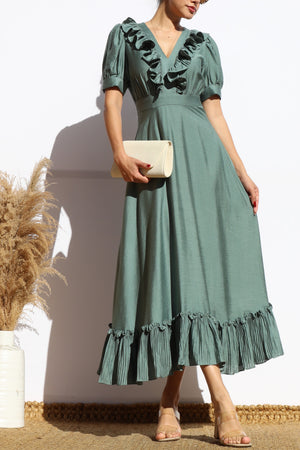 DD8010, RUFFLED V NECK FLARED MIDI DRESS