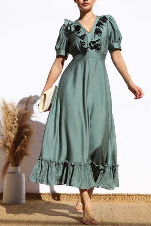 DD8010, RUFFLED V NECK FLARED MIDI DRESS