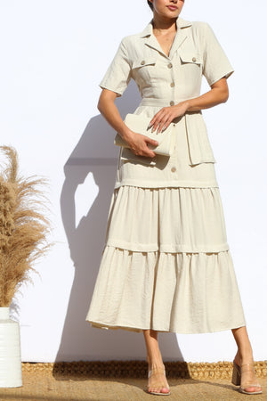 DD8014, POCKET BUTTON DOWN LINEN MIDI DRESS