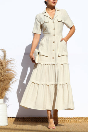 DD8014, POCKET BUTTON DOWN LINEN MIDI DRESS