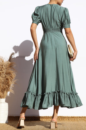 DD8010, RUFFLED V NECK FLARED MIDI DRESS