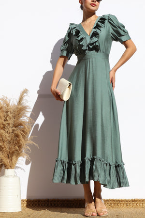 DD8010, RUFFLED V NECK FLARED MIDI DRESS