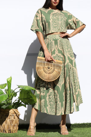 DD7941, PRINTED LOOSE FIT TOP AND FLARED MIDI SKIRT SET