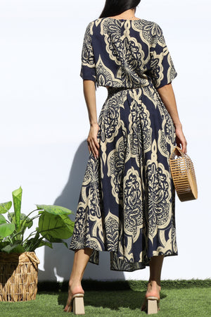 DD7941, PRINTED LOOSE FIT TOP AND FLARED MIDI SKIRT SET
