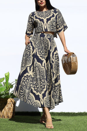DD7941, PRINTED LOOSE FIT TOP AND FLARED MIDI SKIRT SET