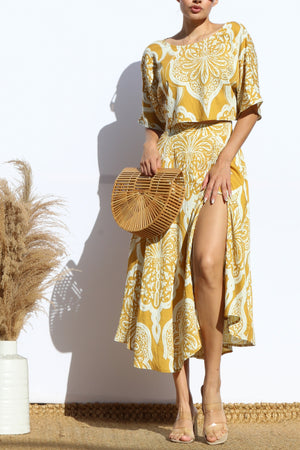 DD7941, PRINTED LOOSE FIT TOP AND FLARED MIDI SKIRT SET
