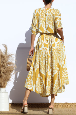 DD7941, PRINTED LOOSE FIT TOP AND FLARED MIDI SKIRT SET
