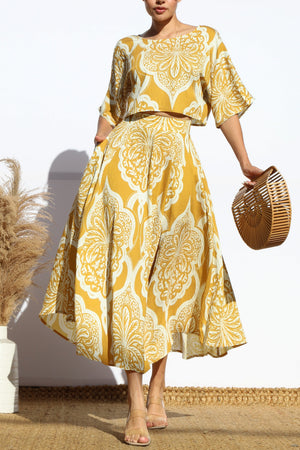 DD7941, PRINTED LOOSE FIT TOP AND FLARED MIDI SKIRT SET