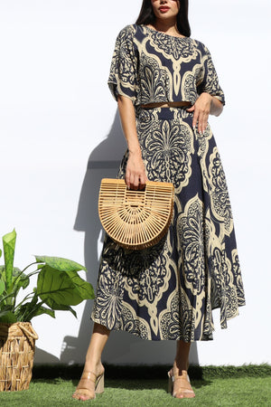 DD7941, PRINTED LOOSE FIT TOP AND FLARED MIDI SKIRT SET