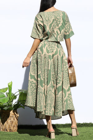 DD7941, PRINTED LOOSE FIT TOP AND FLARED MIDI SKIRT SET